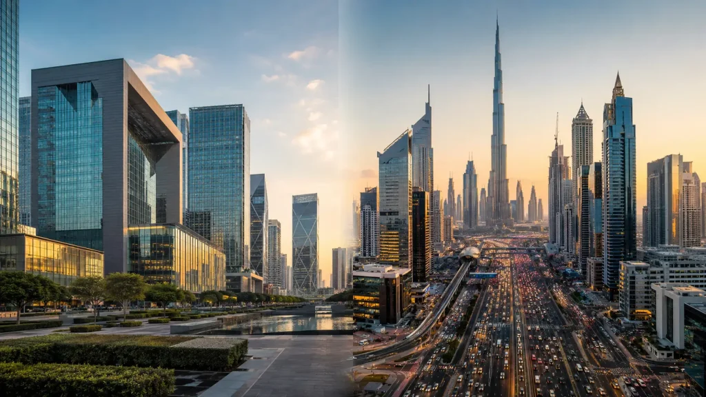 Split screen of Dubai showing free zone district on the left and mainland Sheikh Zayed Road on the right