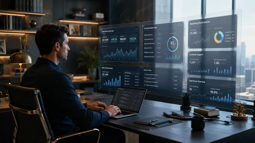 Founder using AI tools and dashboards to scale a 7-figure business in 2026