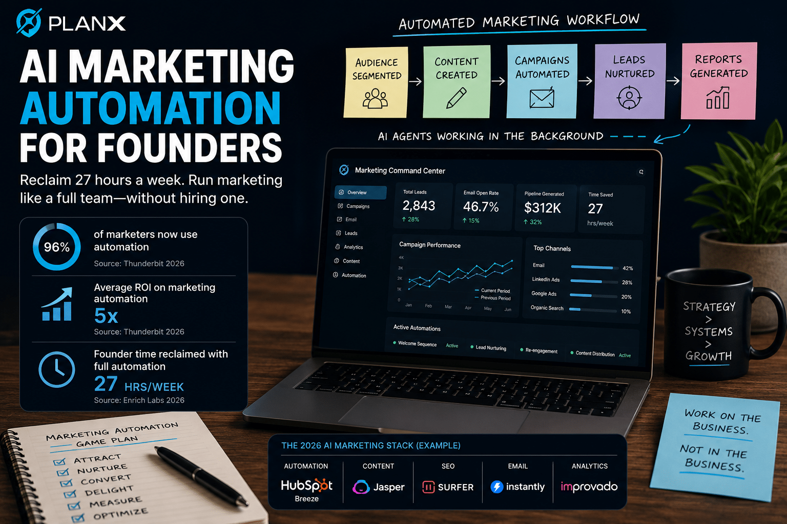 PlanX featured image showing AI marketing automation for founders with an automated workflow diagram, marketing dashboard, and key stats on ROI and time saved.