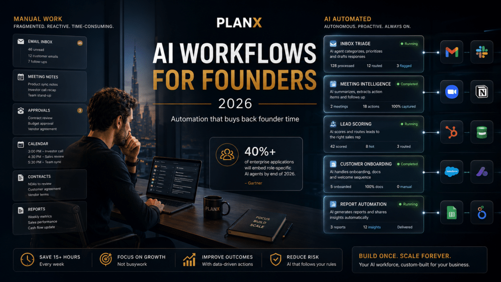 AI workflow automation diagram showing AI agents handling founder tasks in 2026