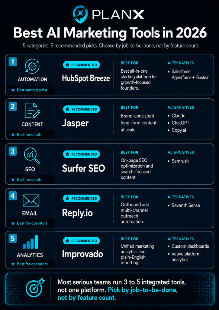 Infographic comparing the best AI marketing automation tools in 2026 across five categories with top picks